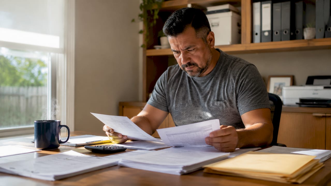 Contractor reviewing mortgage paperwork at home