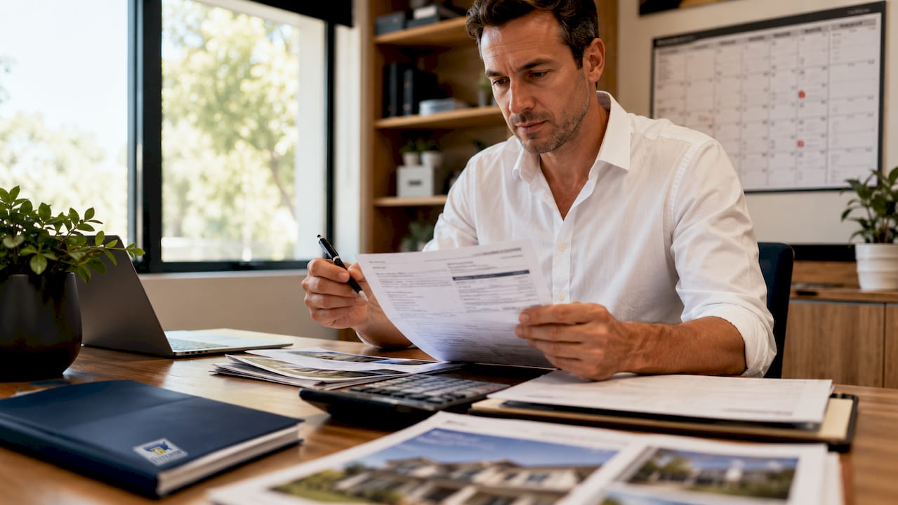 Investor reviewing mortgage documents at desk