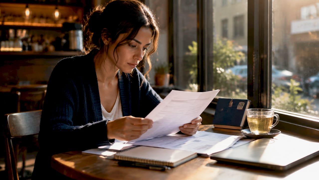Freelancer reviewing income paperwork at home desk
