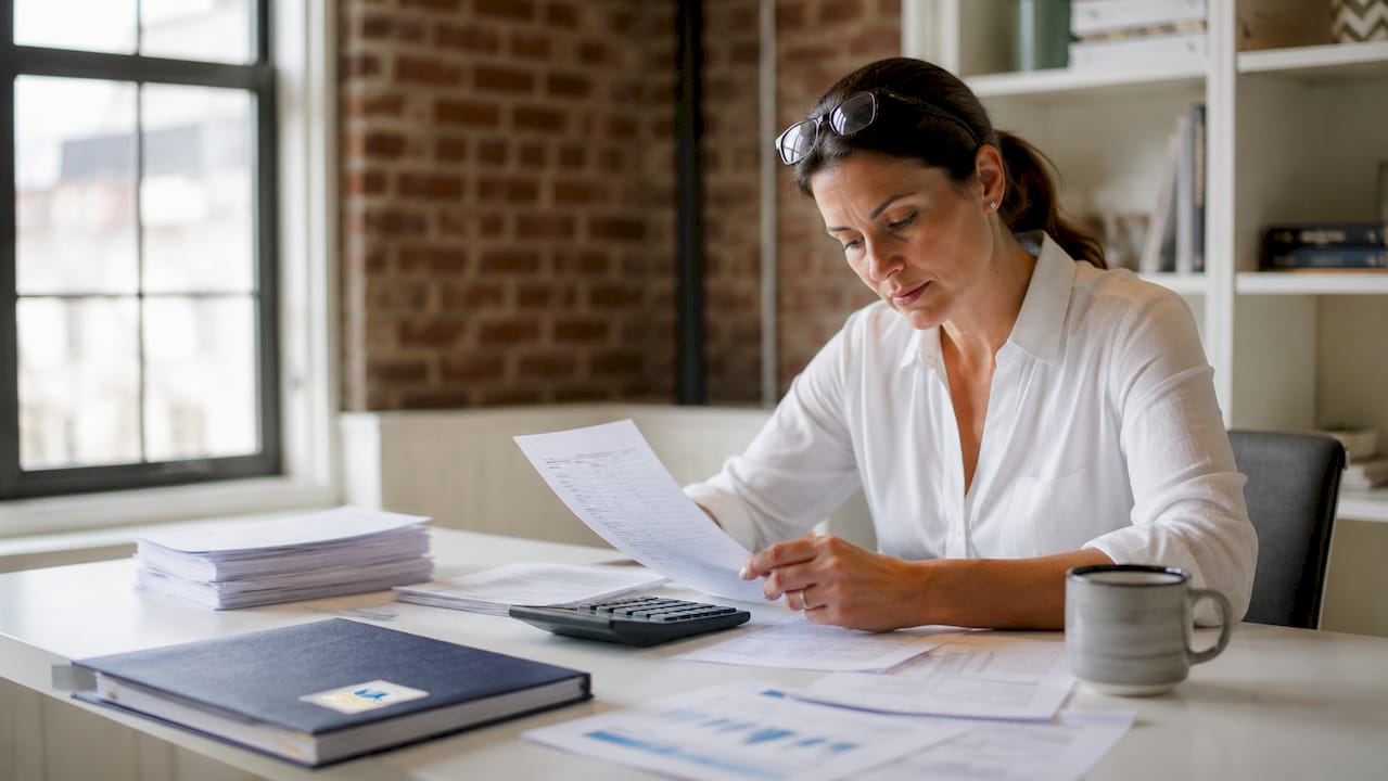 Self-employed person reviewing tax documents