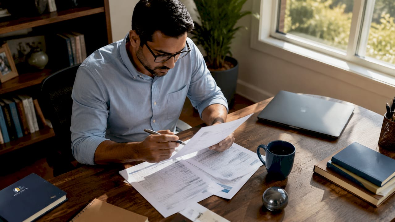 Self-employed man reviewing bank statements at desk