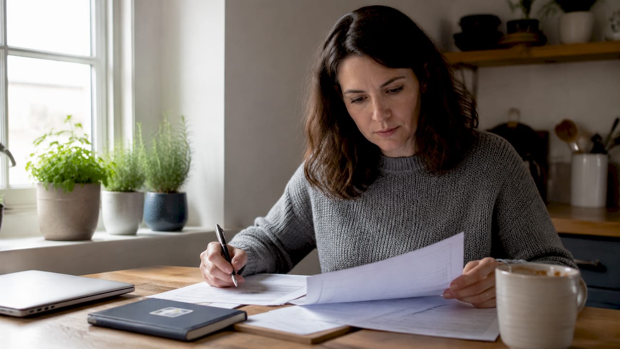 Freelancer reviewing mortgage paperwork at desk