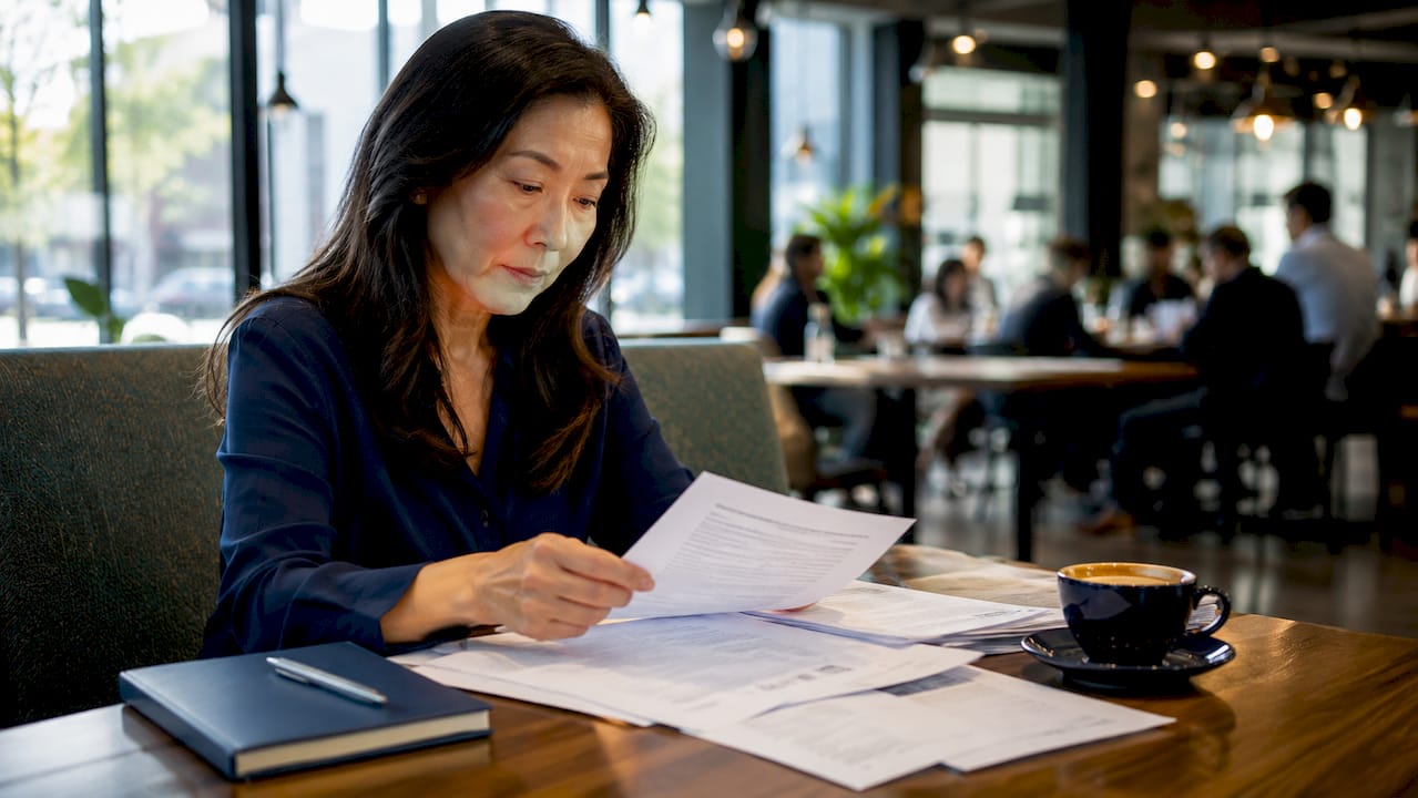 Woman reviewing mortgage documents at home office