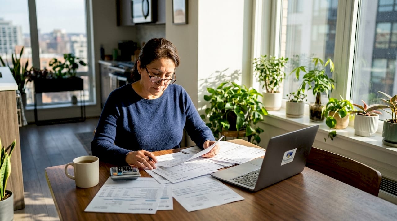 Freelancer reviewing tax and income documents at home
