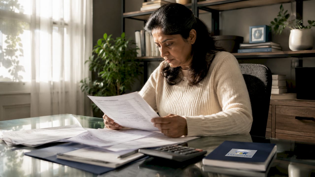 Woman reviewing mortgage paperwork at table