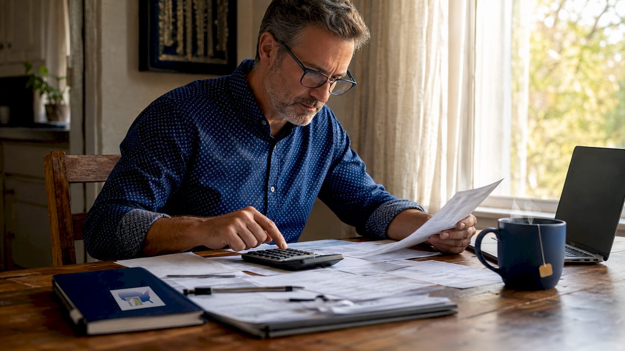 Self-employed man reviewing financial documents at home