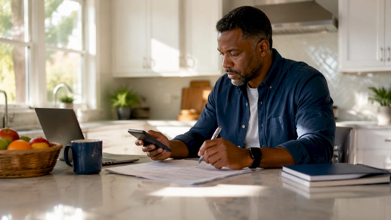 Self-employed man reviewing tax returns at home desk