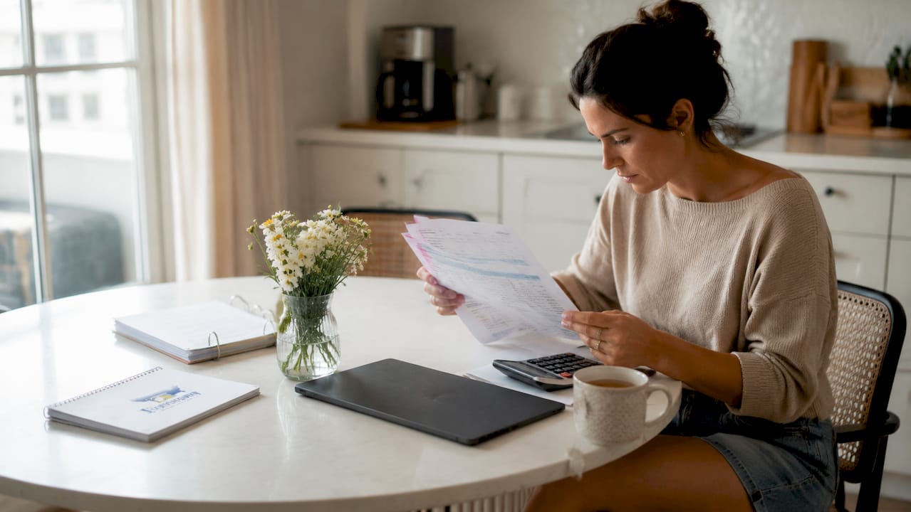 Freelancer reviewing bank statements at home