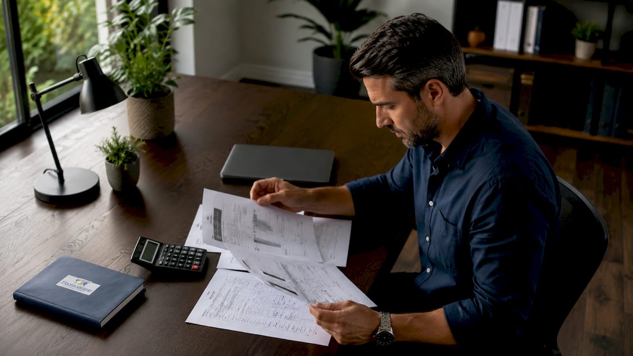 Investor reviewing DSCR loan documents at home table