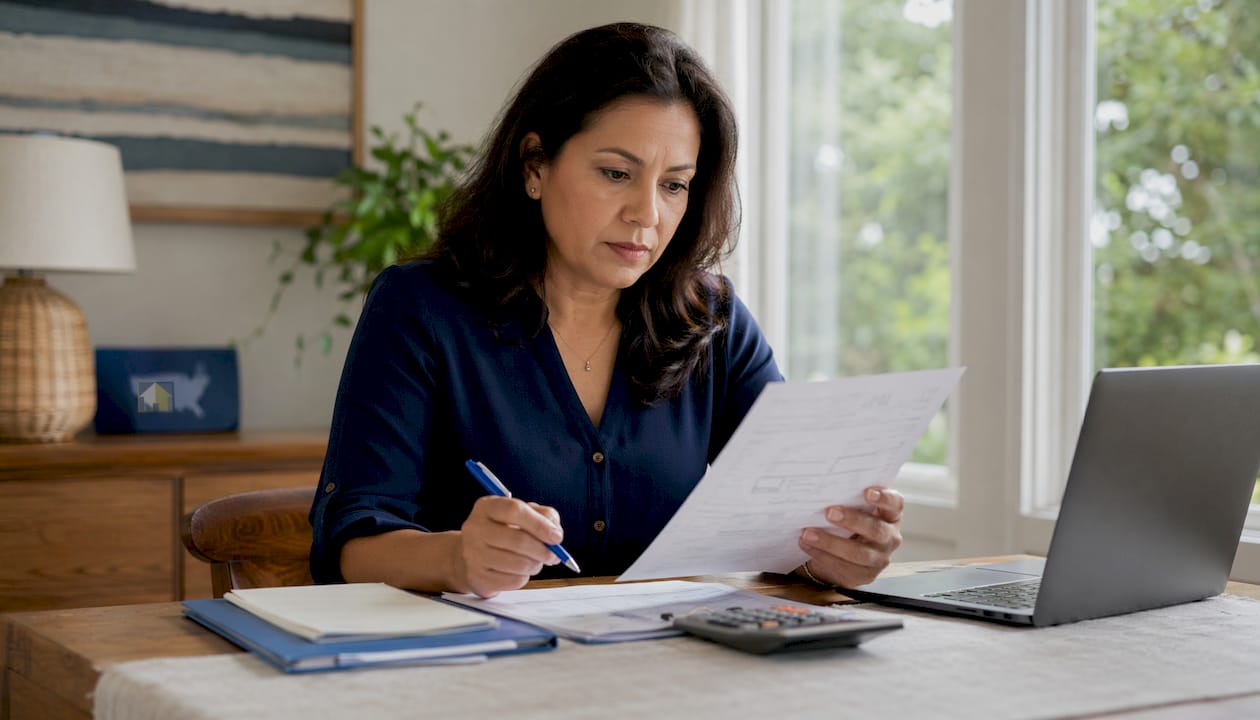 Woman reviewing mortgage documents at home desk
