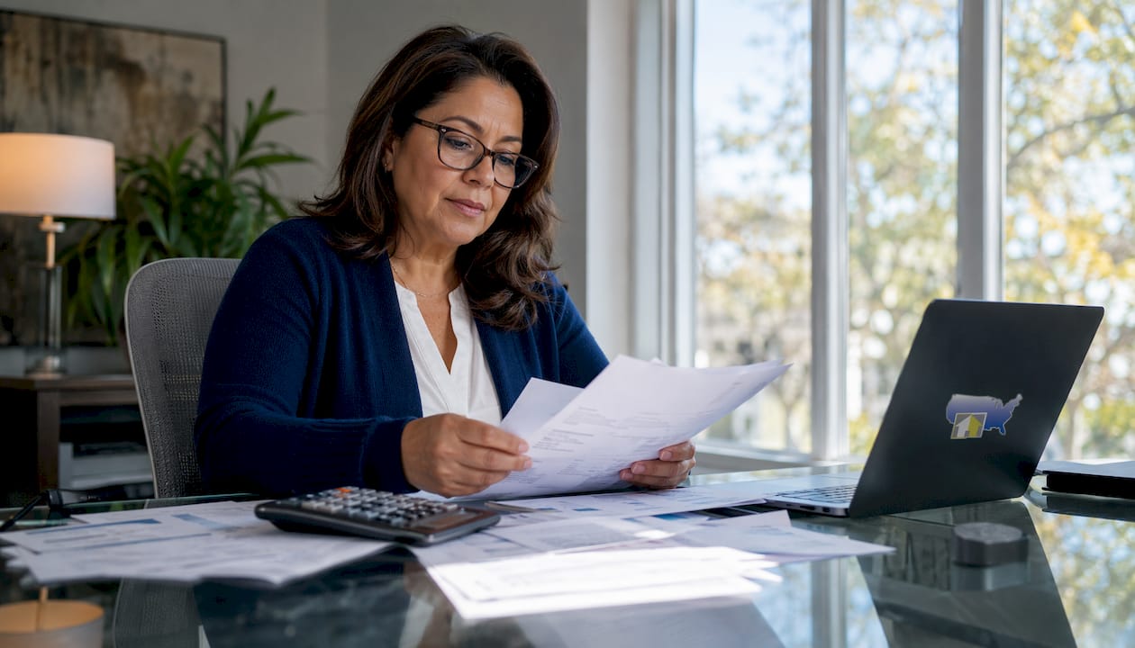 Woman reviewing variable income documents at desk