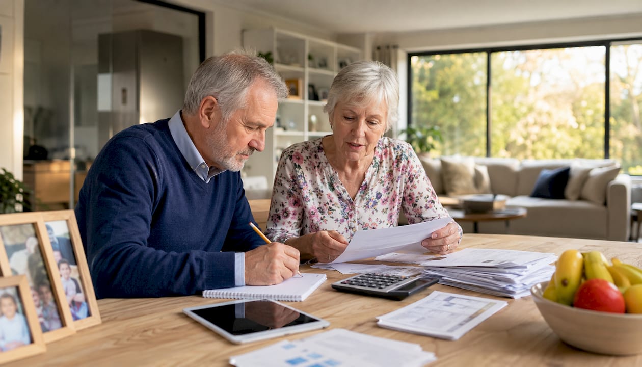 Senior couple reviewing finances at home kitchen table