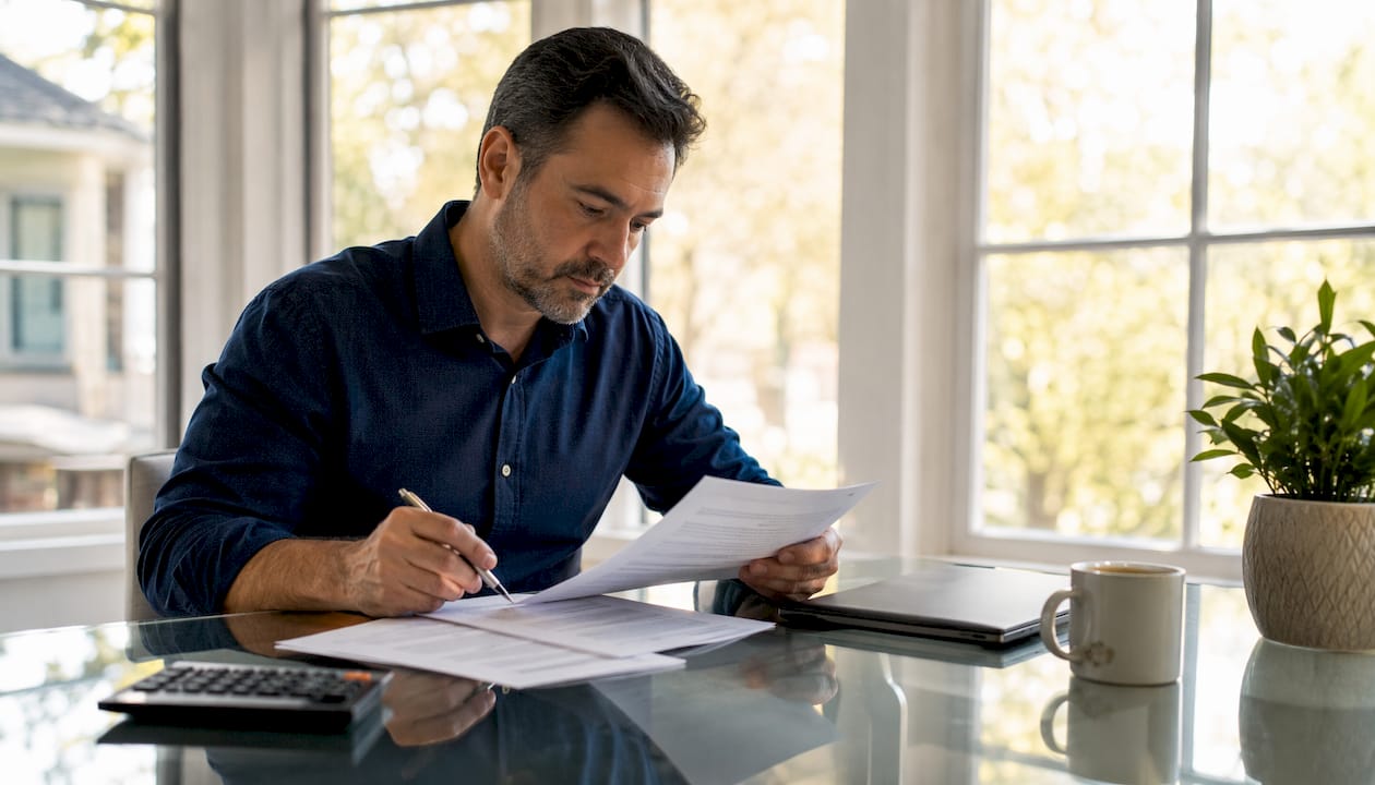 Investor reviewing mortgage loan papers in home office