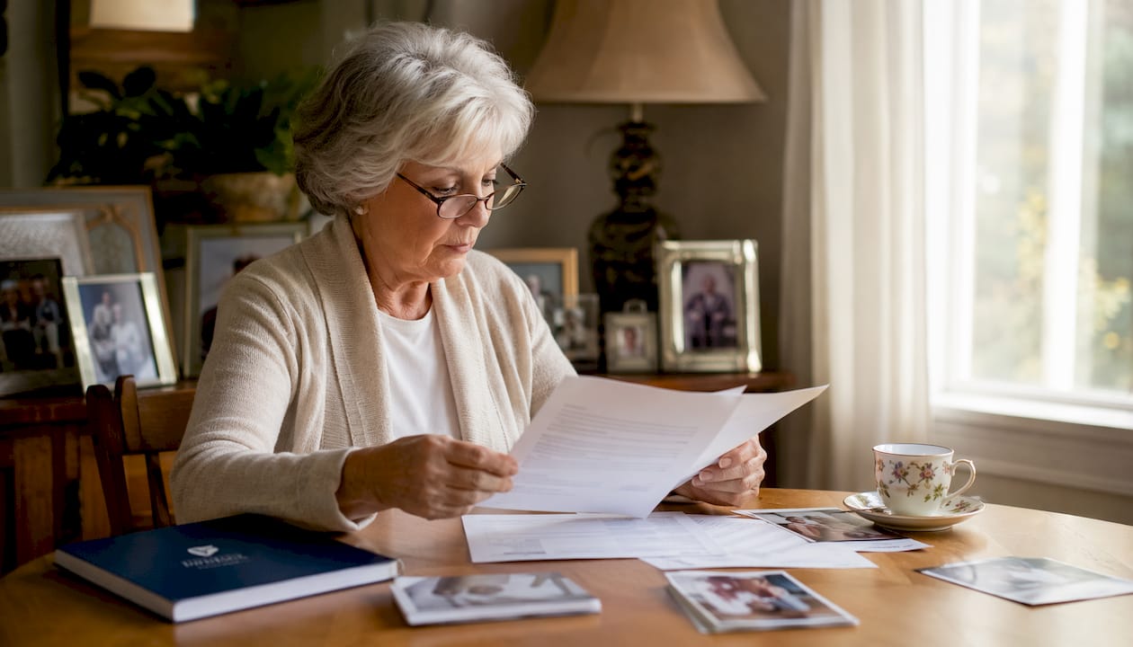 Senior woman reviewing mortgage documents at home