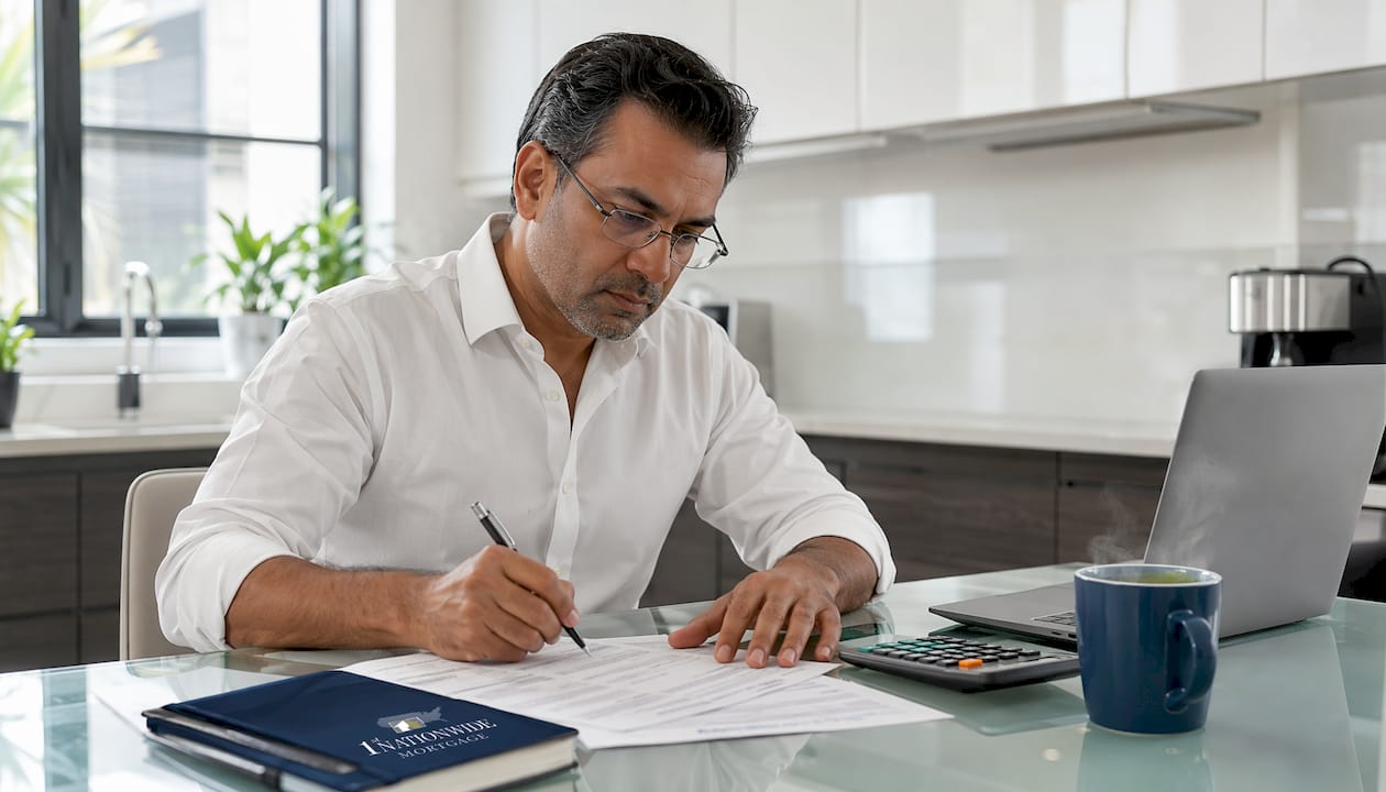 Man completing investment loan applications at desk