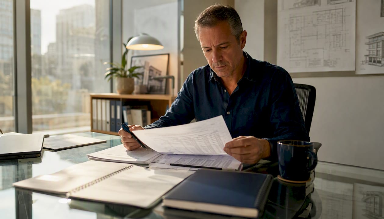 Investor reviewing real estate documents at home desk