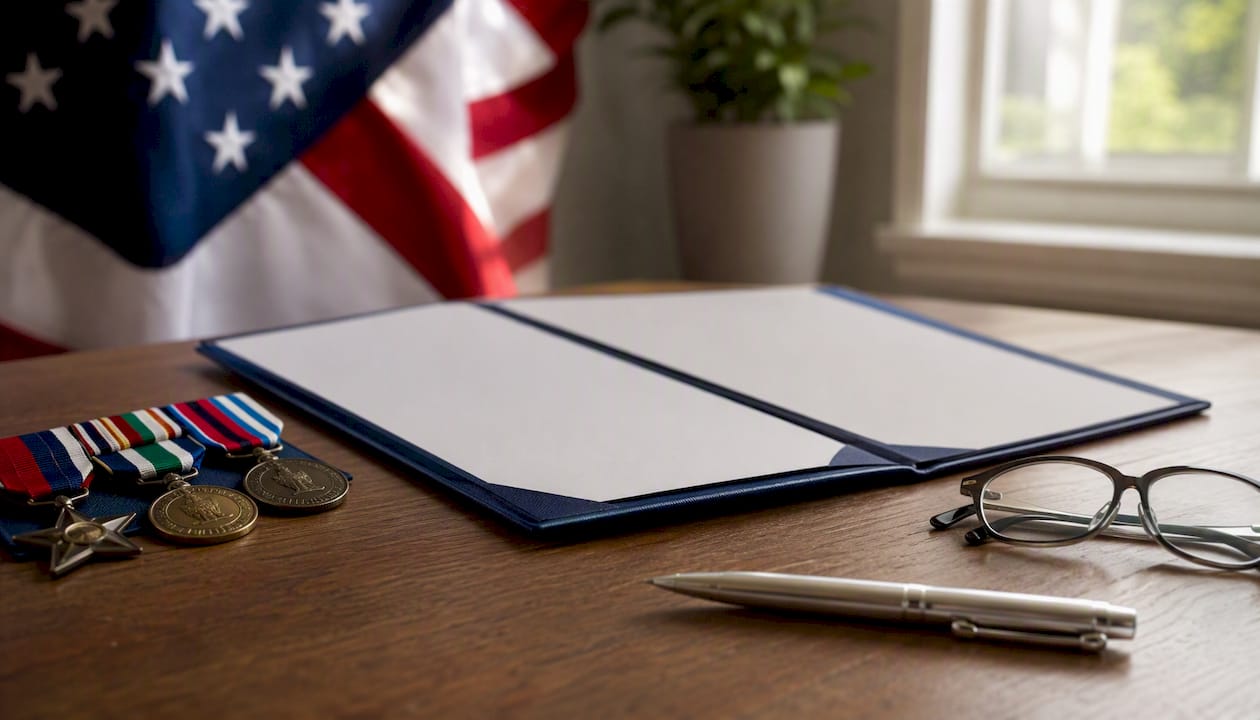 Military service medals and folder on desk