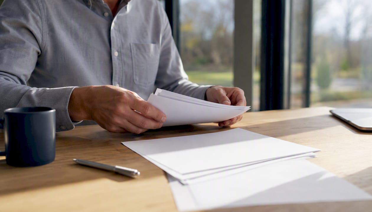 Hands organizing bank statements on office table