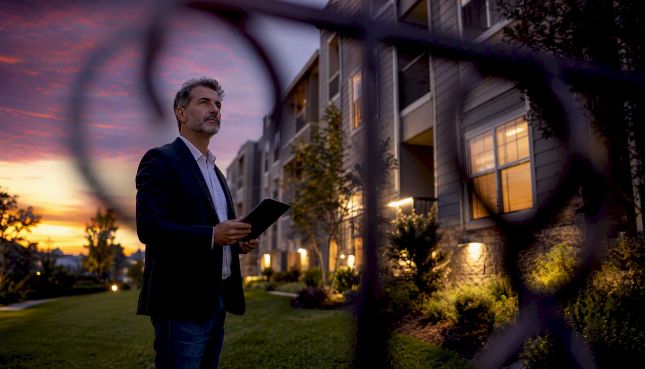 Investor inspecting rental property exterior