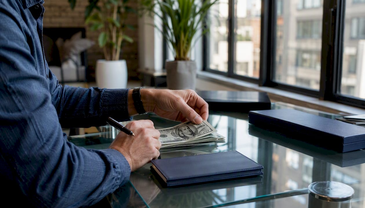 Hands arranging escrow funds paperwork on desk