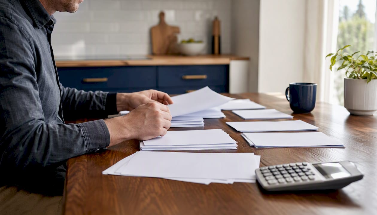 Hands arranging bank statements for mortgage