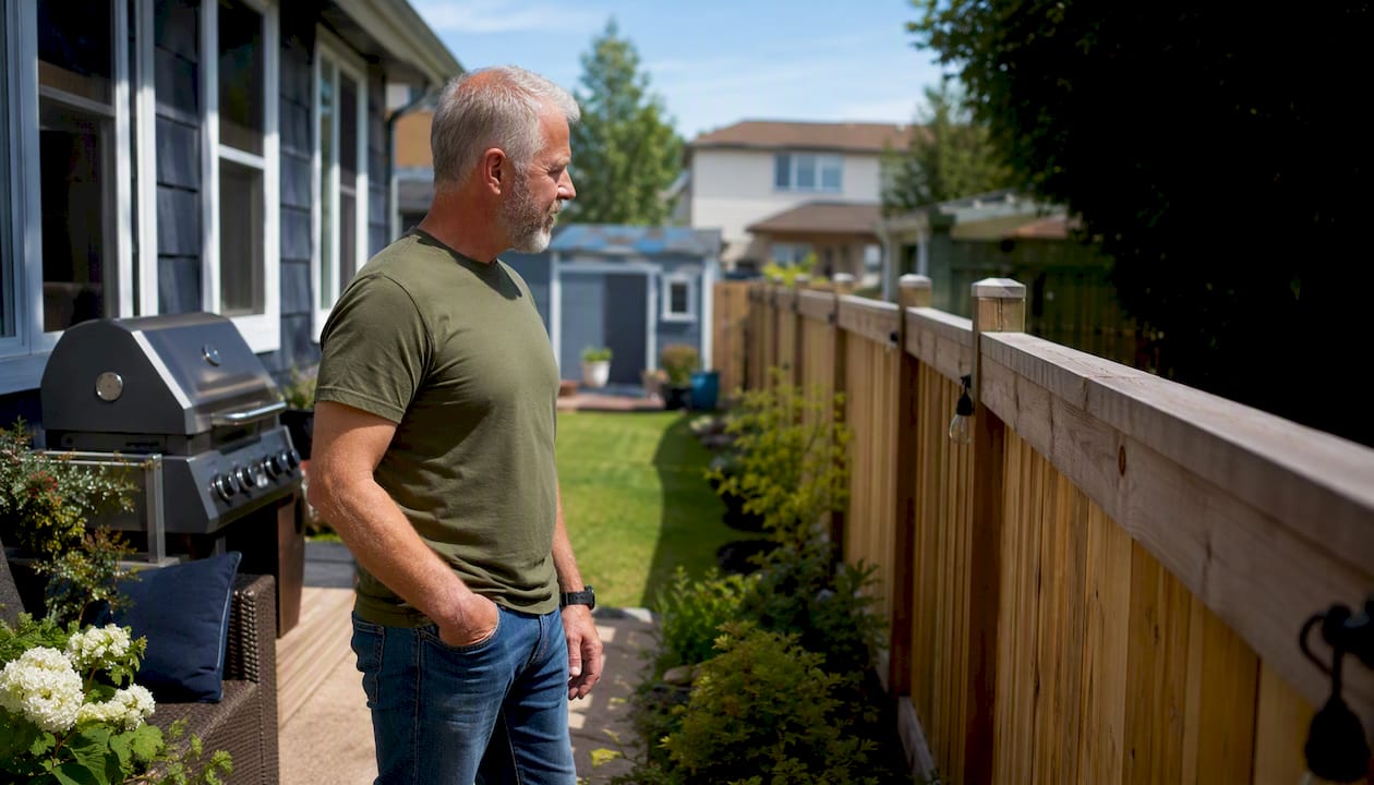 Veteran inspecting home exterior thoughtfully