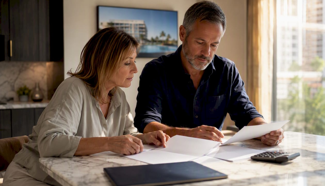 Hands pointing at condotel loan documents and calculator
