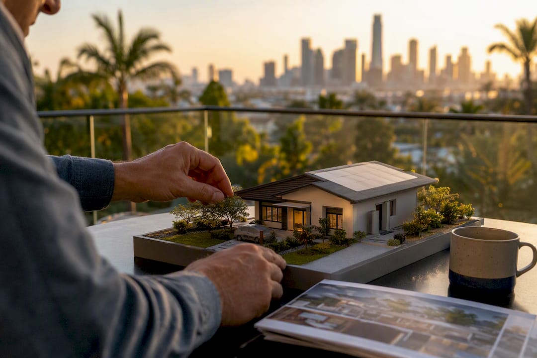 Scale model of rental home with city skyline