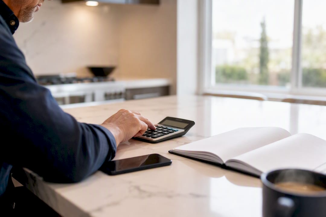Hand using calculator for foreign income conversion