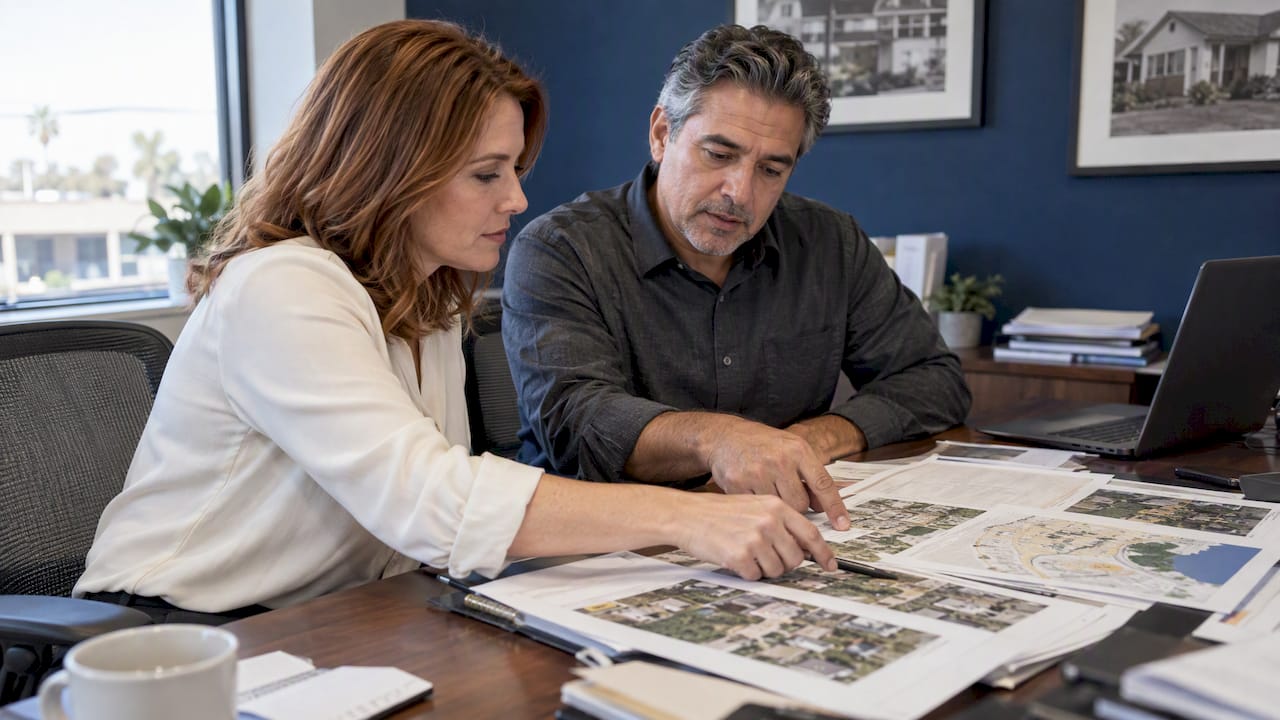 Investor and banker review rental property portfolio